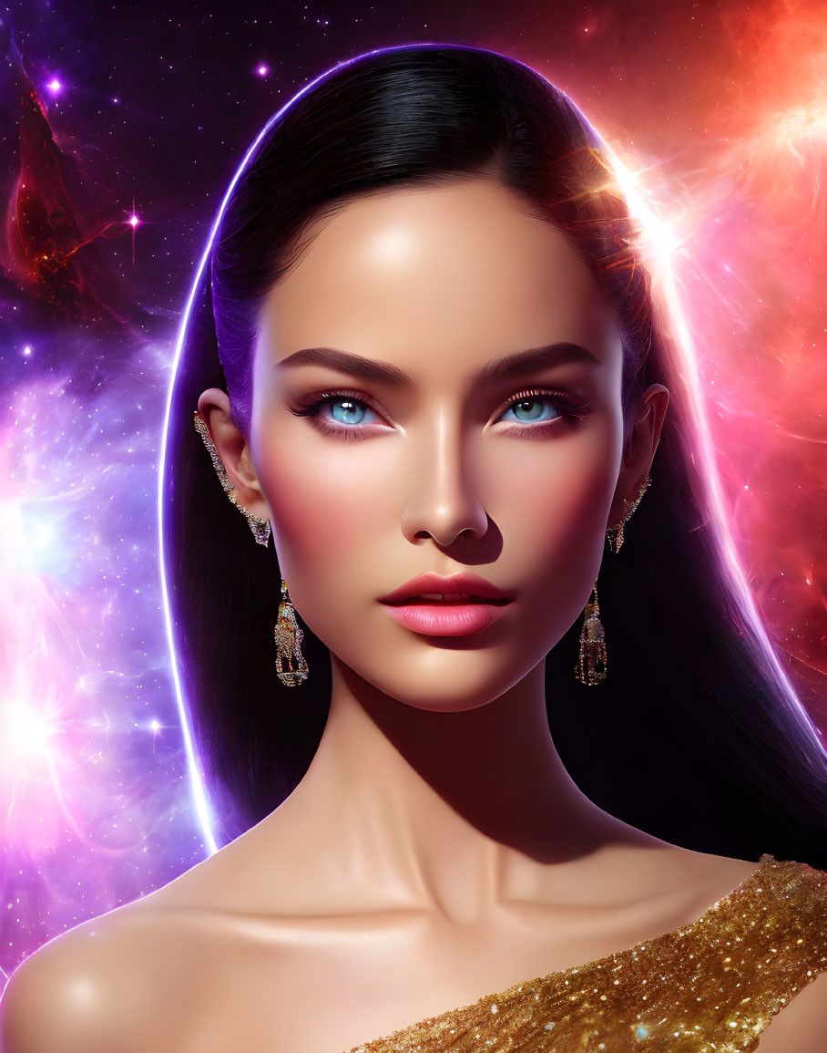 Portrait of woman with blue eyes, glossy lips, earrings, cosmic background