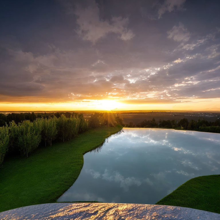 Tranquil sunset scene with radiant clouds reflected on a still pond