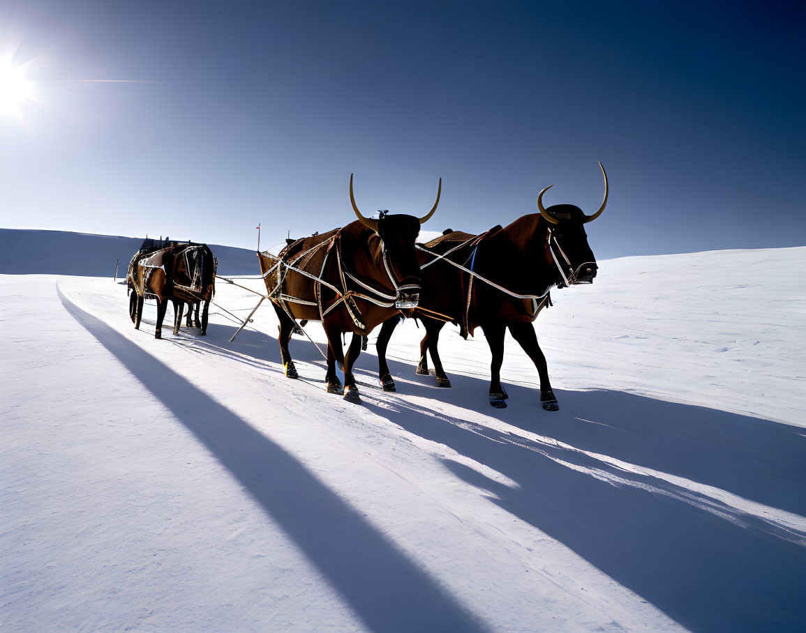 Winter scene: Oxen pulling sled under sunny sky