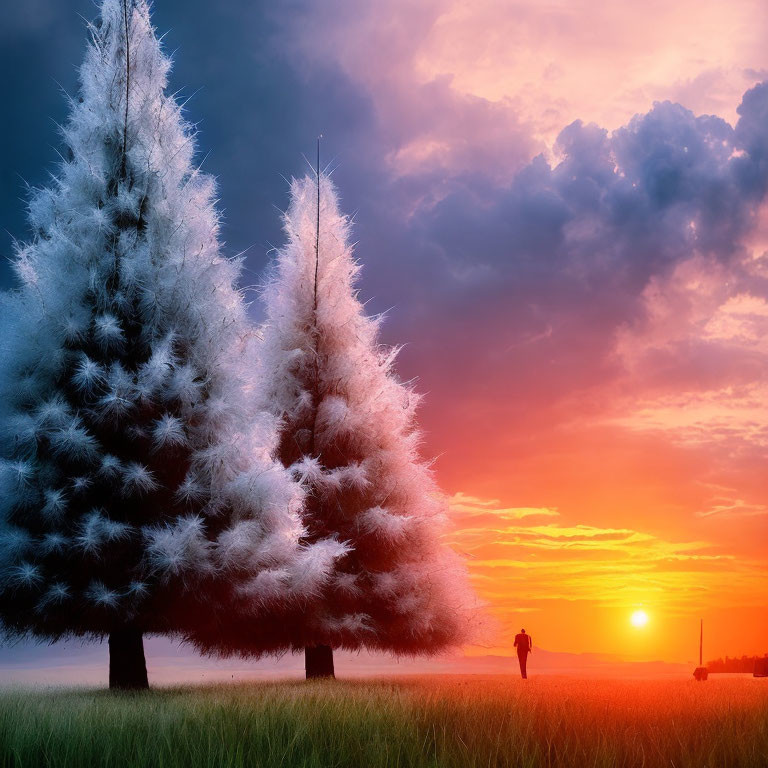 Vibrant sunset sky over person in field with evergreen trees