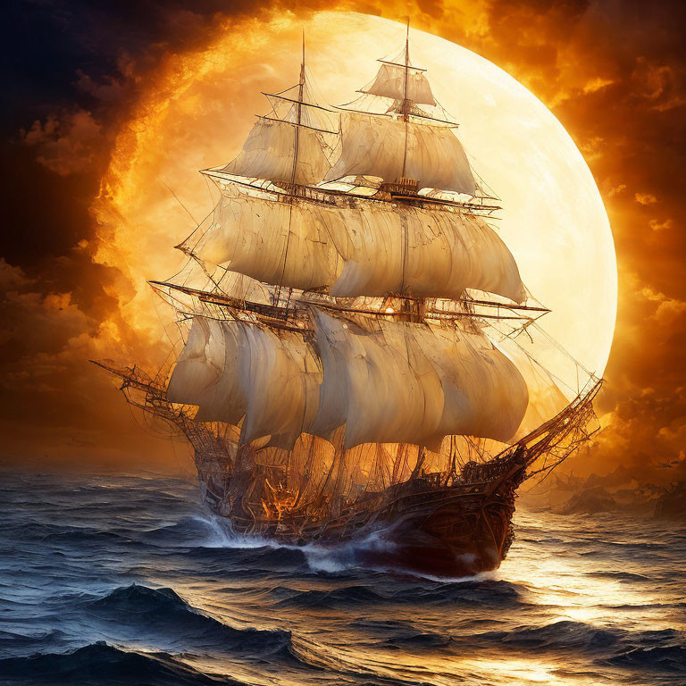 Sailing ship at sunset with full moon and fiery sky