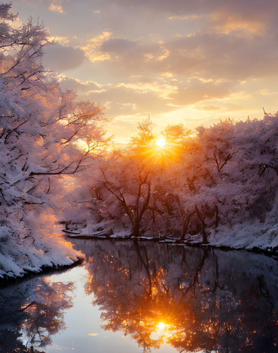 Snow-covered trees at sunset beside calm river