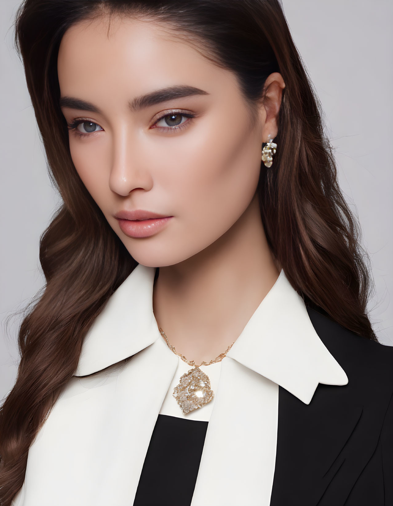 Woman with long brown hair in white blouse and black vest with gold accessories