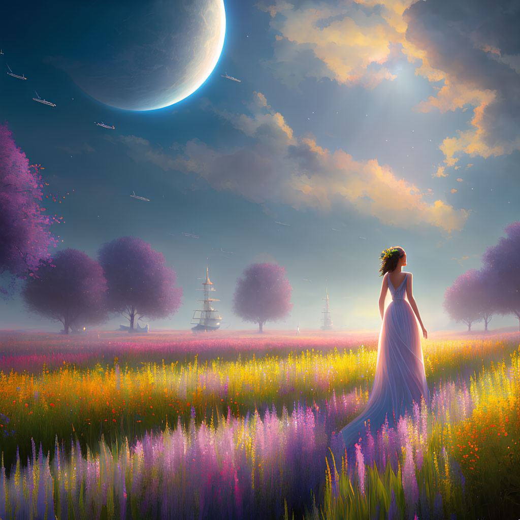 Woman in white dress standing in flower-filled meadow at twilight with crescent moon and sailboat in