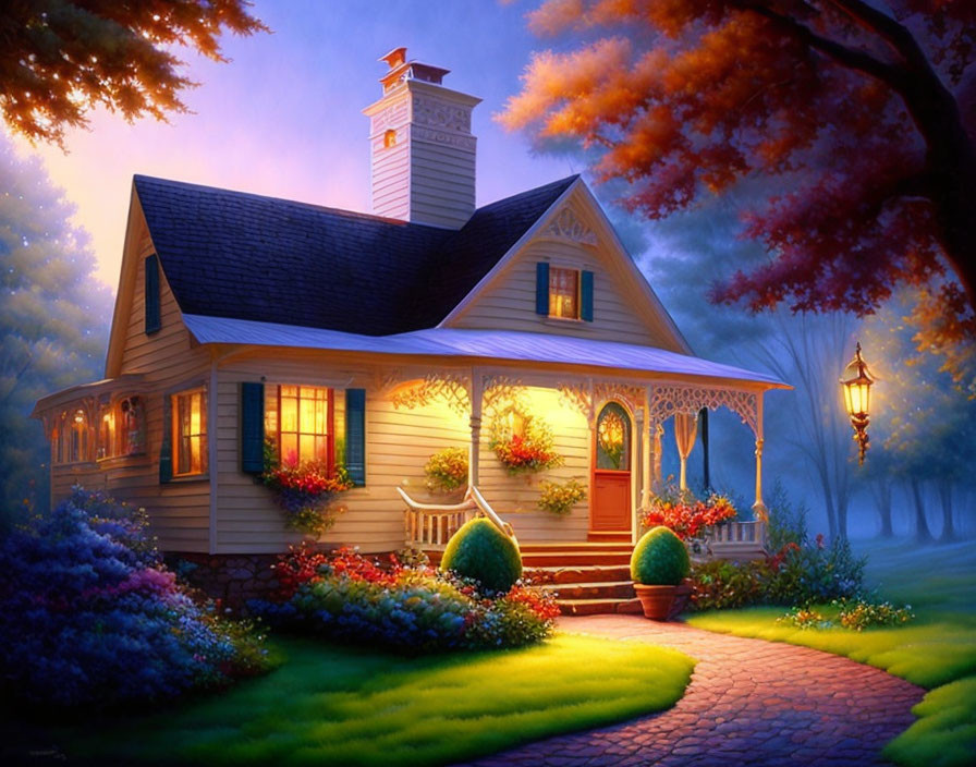 Cozy cottage at twilight with warm light, lush gardens, and cobblestone path