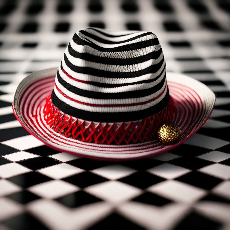 Monochrome Striped Fedora with Red Band on Checkerboard Background