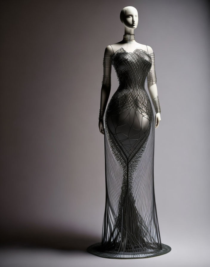 Futuristic mesh-like gown on mannequin in dark-gradient backdrop