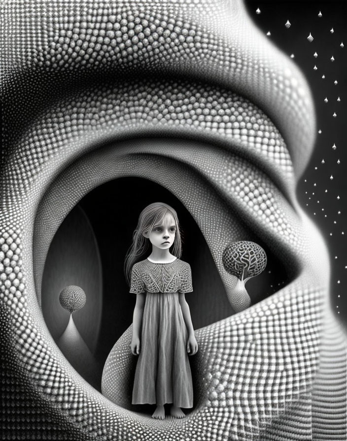 Surrealist grayscale artwork with young girl and giant eye-like structure