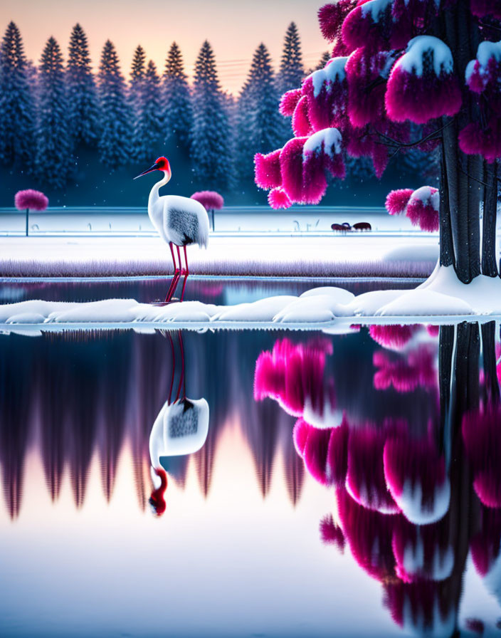 Stork by tranquil lake with snow-covered trees at twilight