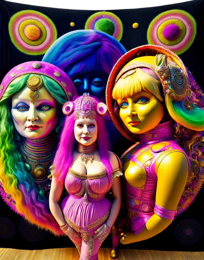 Vibrant Artistic Depiction of Four Female Figures in Colorful Attire