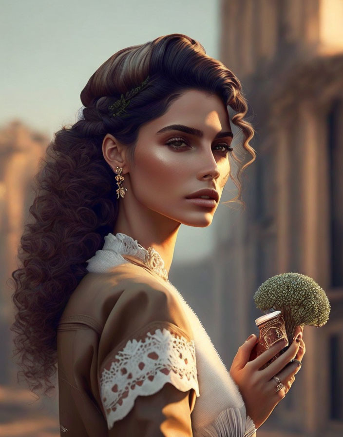 Digital artwork: Woman with voluminous curly hair, intricate braid, elegant makeup, gold earrings,