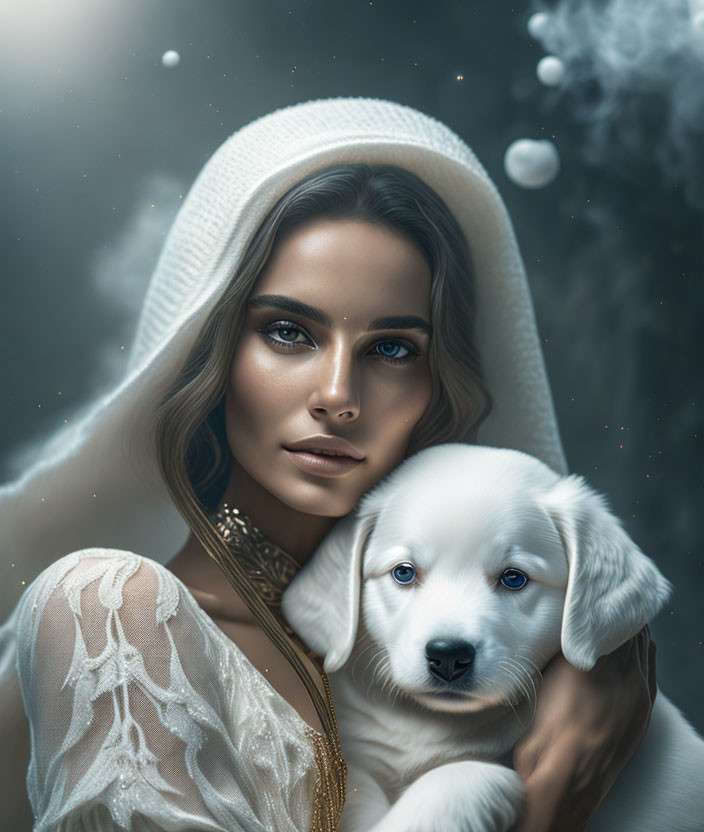 Woman with striking eyes holding white puppy in snowy scene