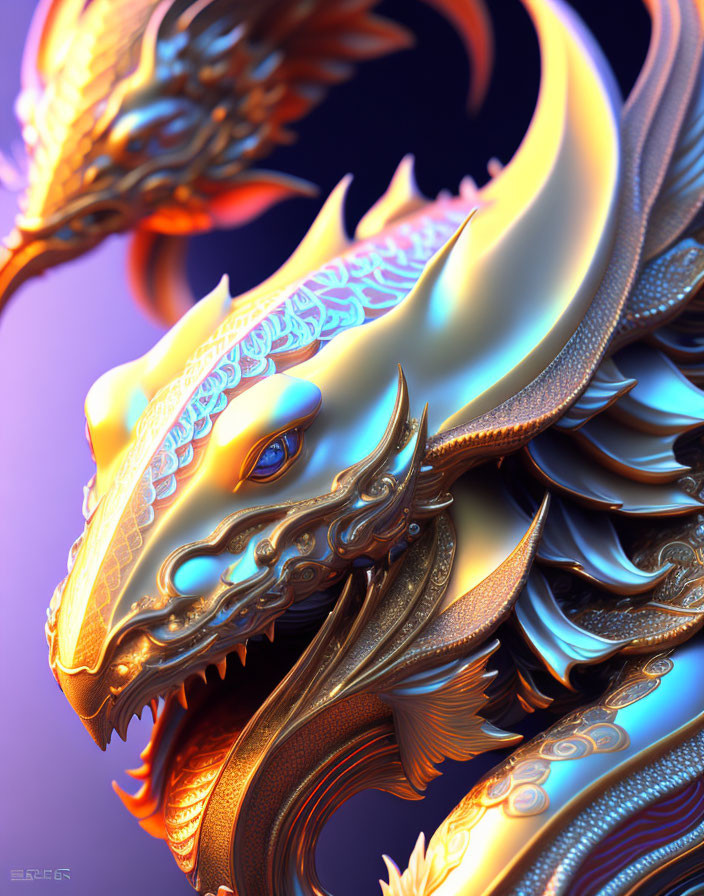 Detailed 3D metallic dragon with ornate engravings on luminous underbelly