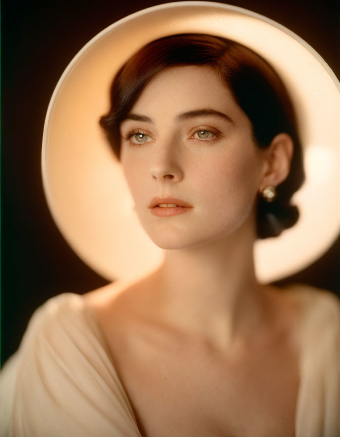 Portrait of Woman with Short Dark Hair in Cream Outfit and Halo-Like Backlight