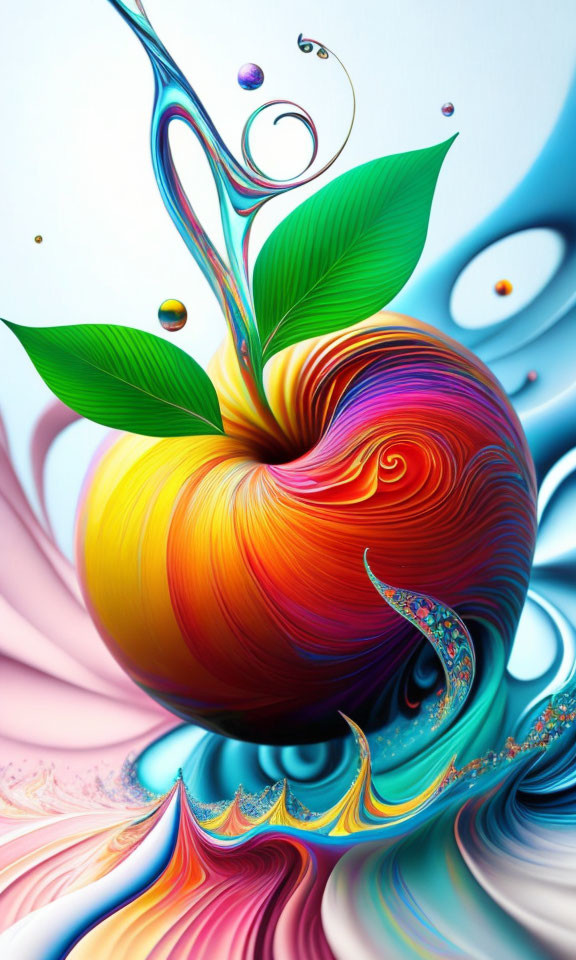 Colorful swirling apple artwork with abstract liquid patterns on blue background