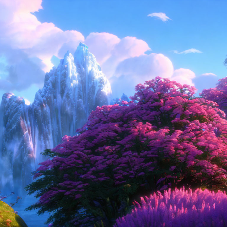 Scenic landscape: pink blossoming trees, snowy mountains, blue sky