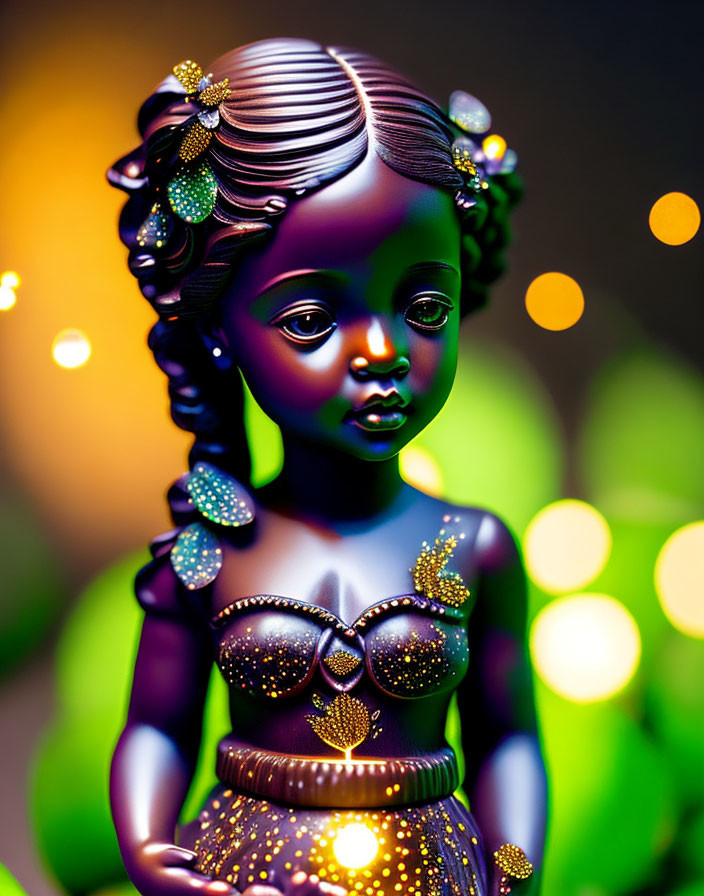 Intricately detailed figurine on vibrant bokeh backdrop