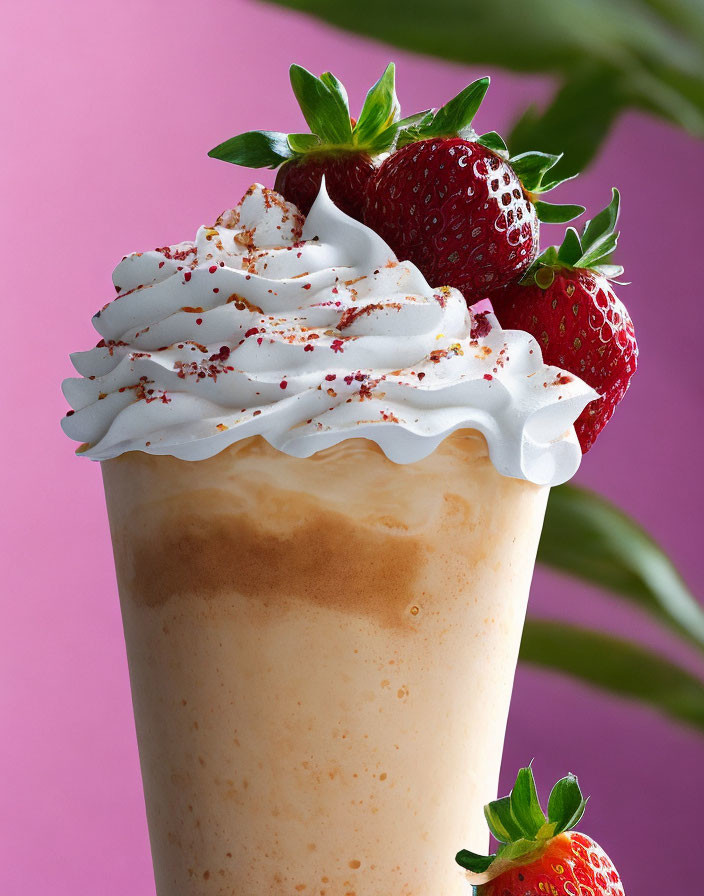 Creamy Strawberry-Topped Beverage with Whipped Cream and Crumbled Toppings