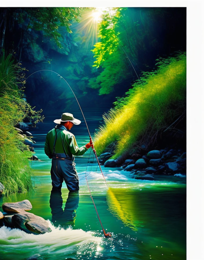 Person fishing in hat and waders in serene river with lush greenery and rocks