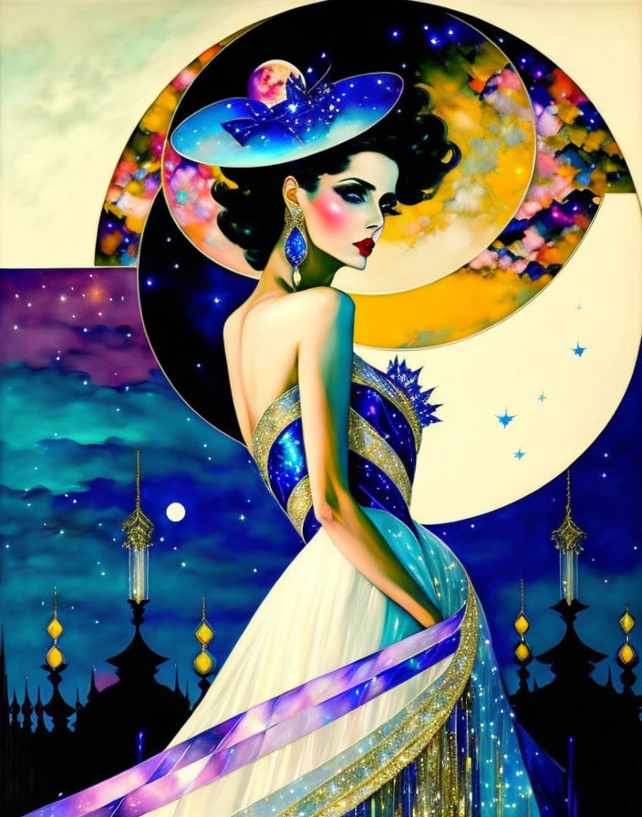 Stylized artwork of woman in elegant hat with cosmic-themed background