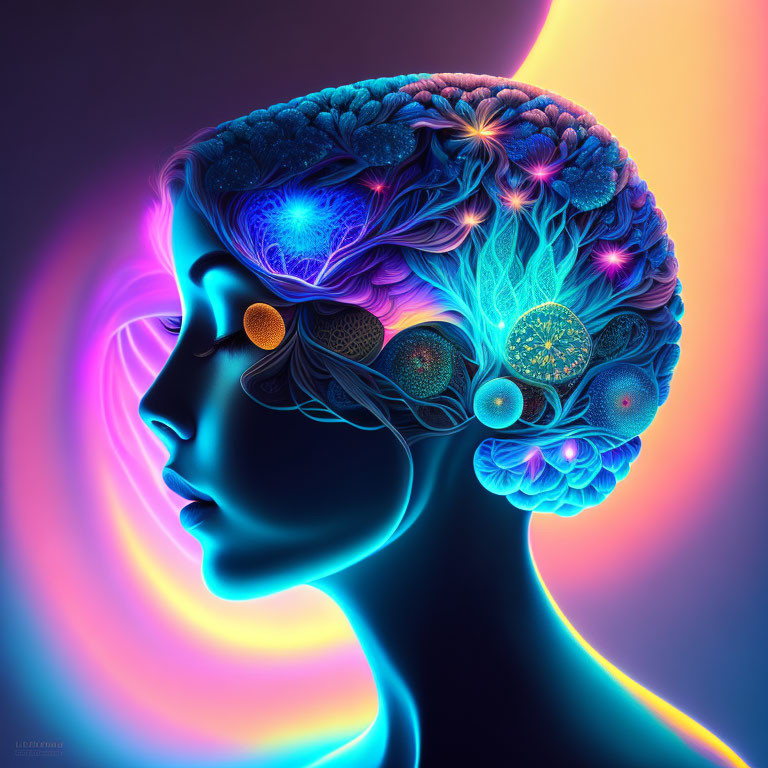 Colorful digital artwork: Female head profile with vibrant brain and abstract patterns