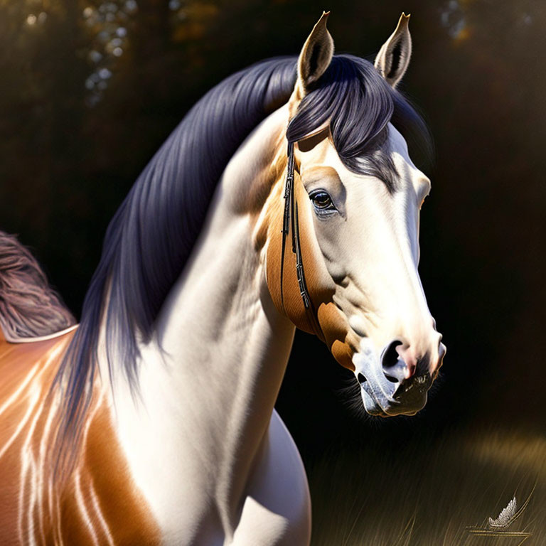 Majestic chestnut horse with dark mane and brown eyes in sunlit setting