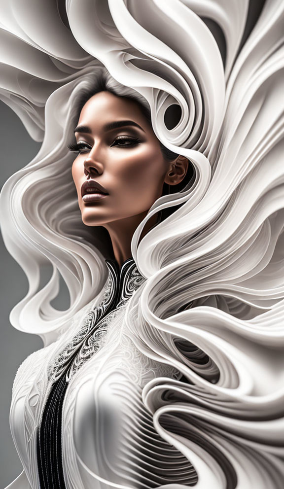 Woman with flowing white hair in fluid sculpture against muted background