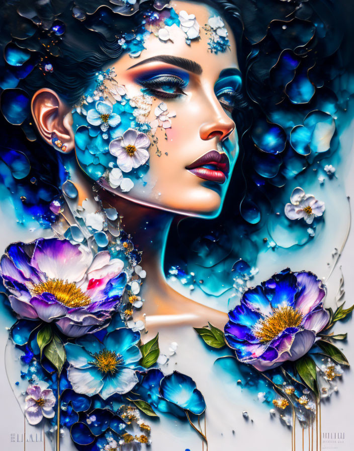 Vibrant blue and purple floral elements in woman's hair with striking makeup