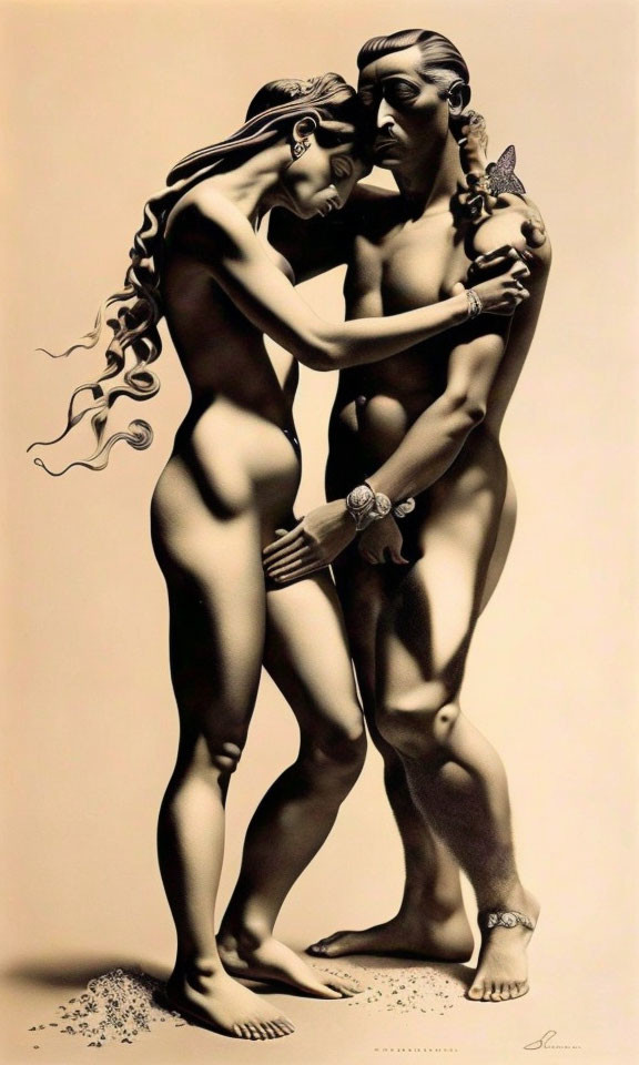 Illustration of man and woman embracing with detailed hair and accessories