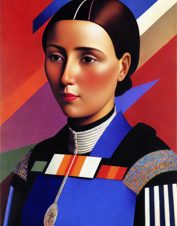 Futuristic woman portrait with sleek bob haircut and geometric uniform