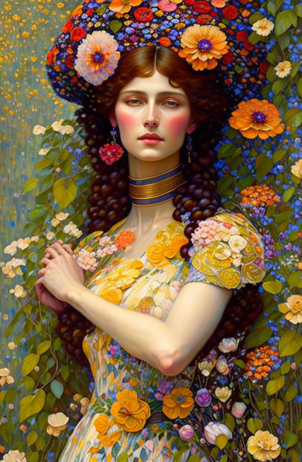 Woman in Floral Hat and Dress Surrounded by Lush Flowers