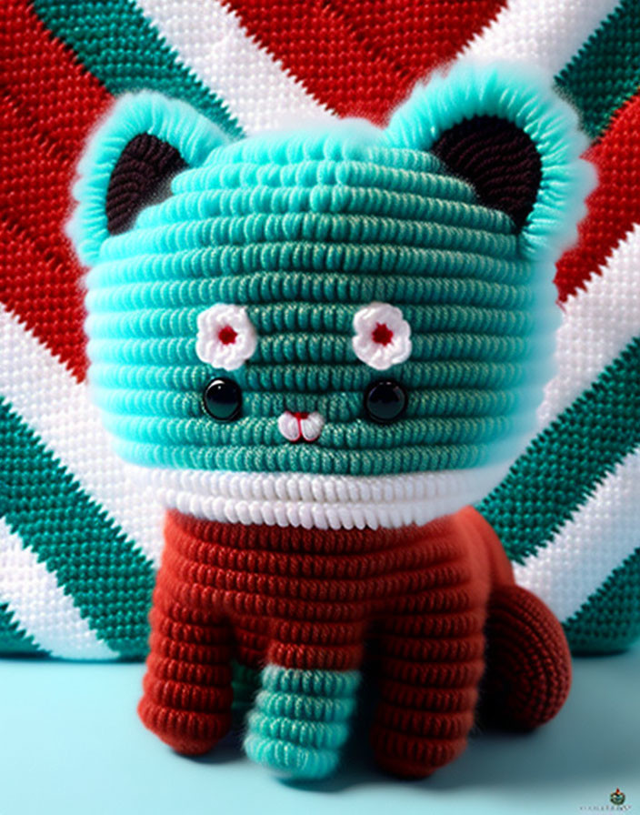 Crochet cat plush toy with turquoise and white stripes on red base.