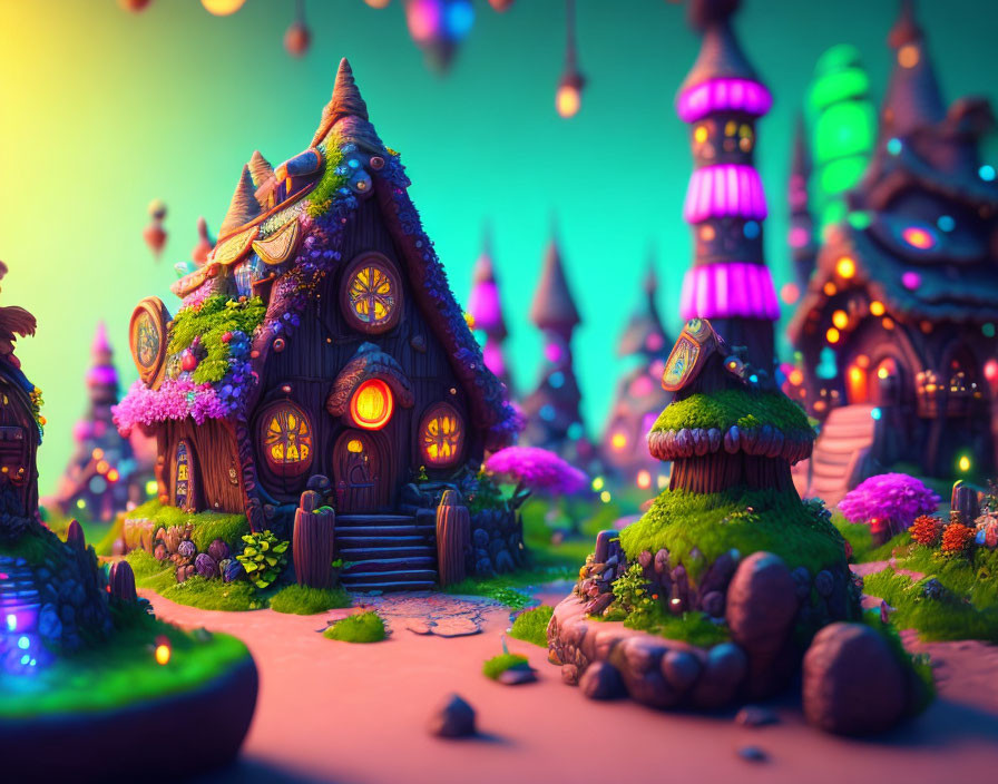 Enchanting fairy-tale village with mushroom-shaped houses in twilight