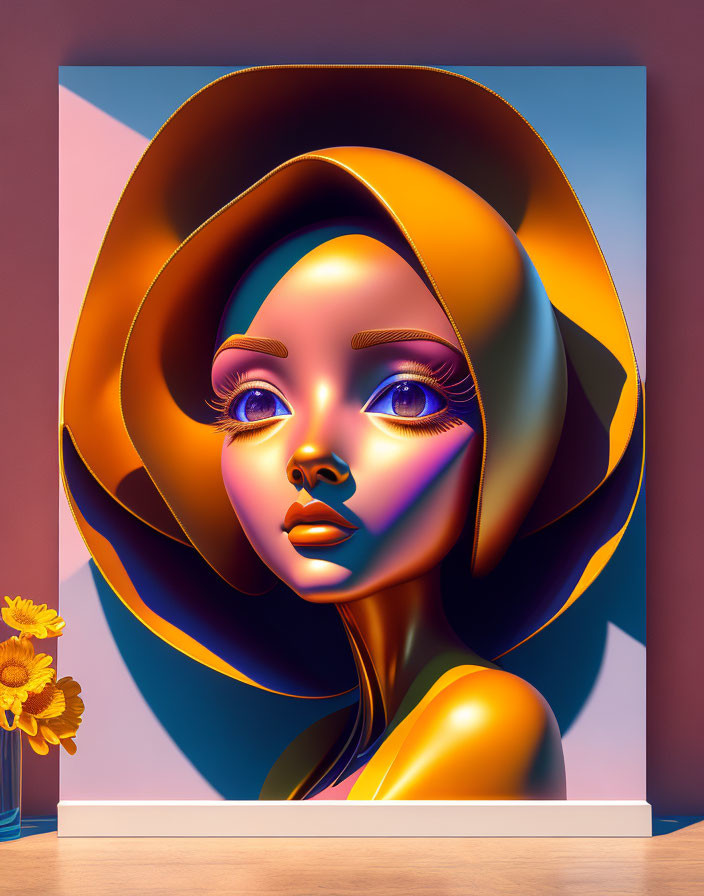 Stylized woman with large eyes and hat beside sunflowers in digital portrait