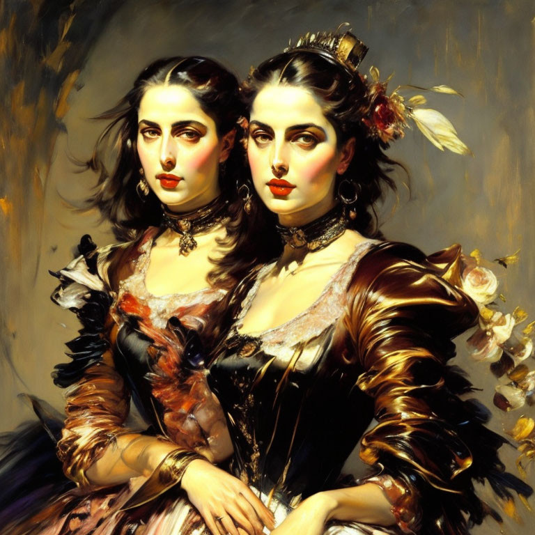 Victorian painting of twin women in ornate dresses and chokers