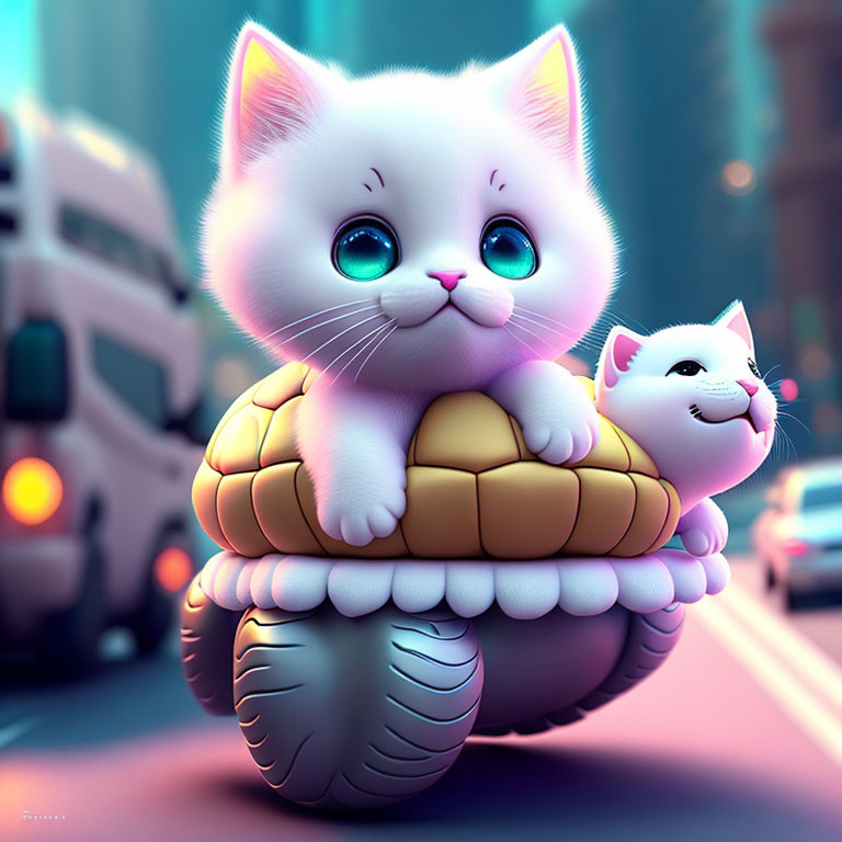 Stylized digital artwork featuring two large-eyed cats in urban setting