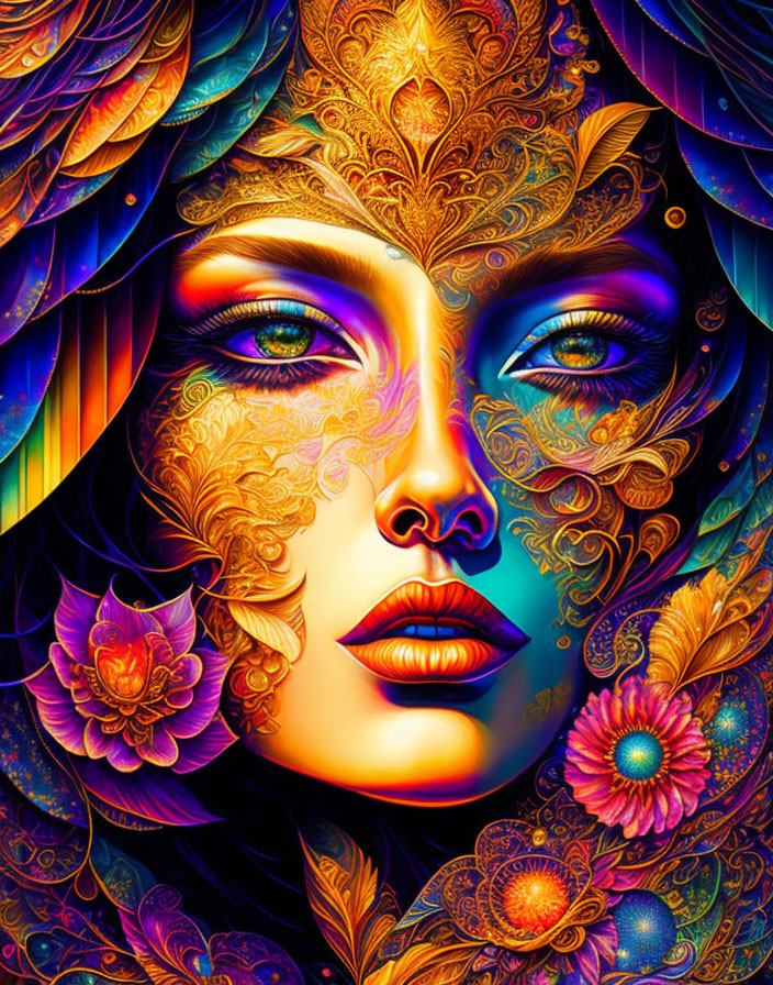 Colorful digital artwork: Woman's face with intricate floral patterns