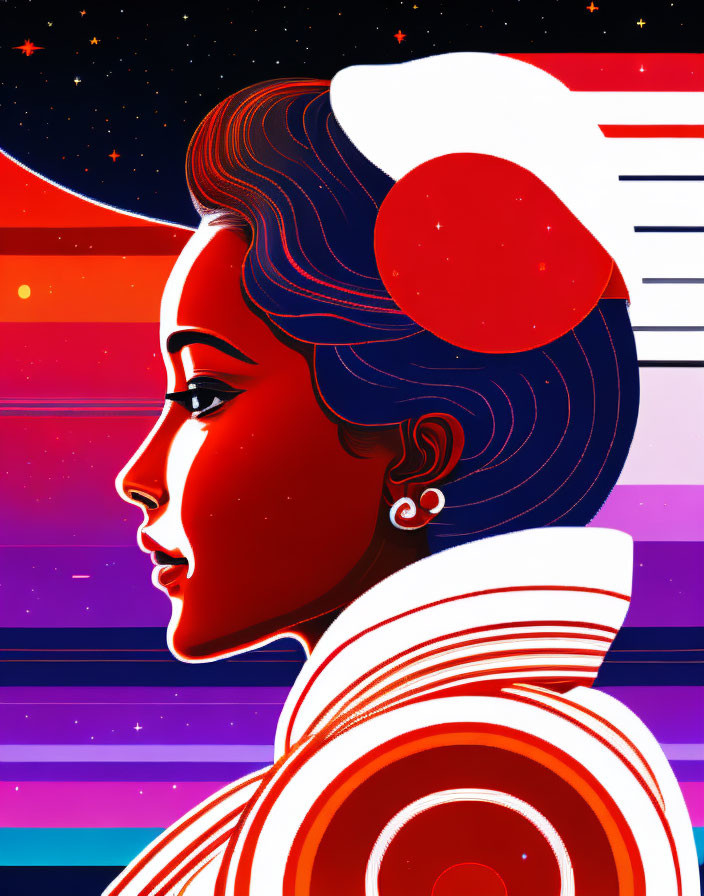 Profile portrait of a woman in red and blue hues against stars and stripes background.