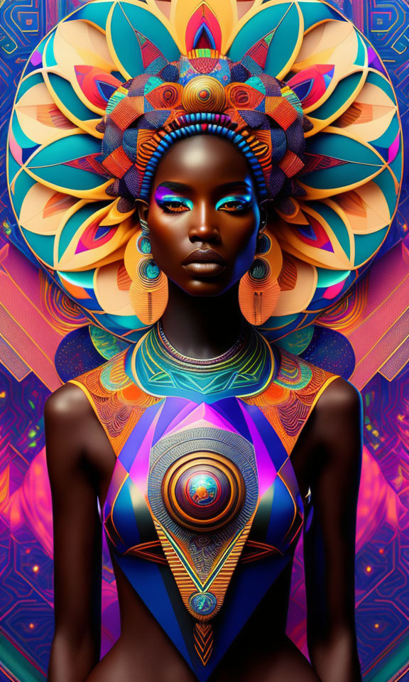 Vibrant digital artwork of a woman with ornate headdress & geometric patterns