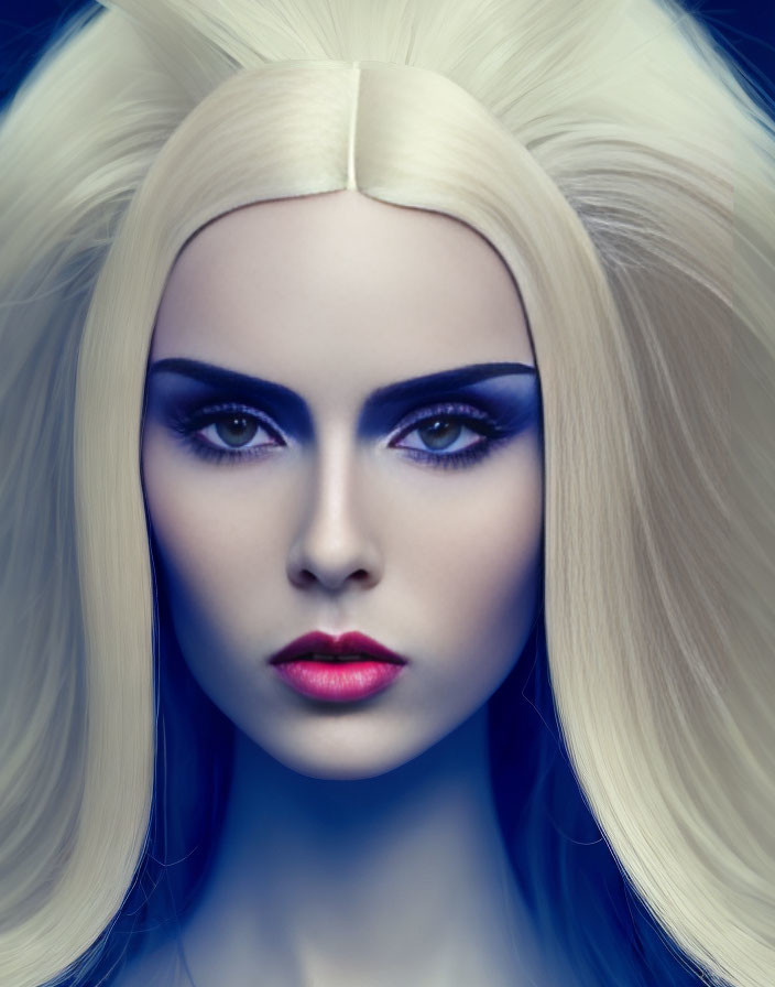 Portrait of Woman with Striking Blue Eyes and Bold Makeup