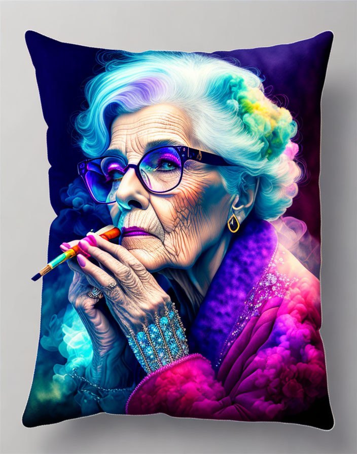 Colorful portrait of elderly woman with blue hair and glasses holding a pencil on pillow background