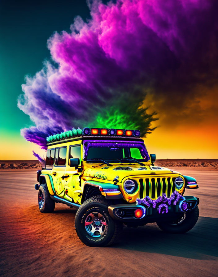 Colorful Smoke Plumes Surround Vibrant Yellow Jeep at Sunset