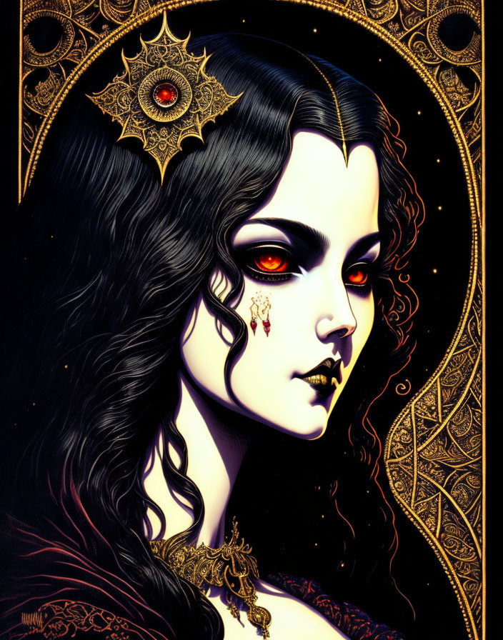 Illustration of a pale-skinned female with black hair, red eyes, and golden ornate he