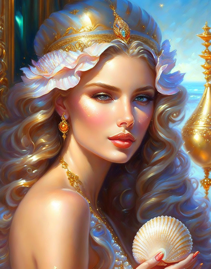 Digital Art Portrait: Woman with Blue Eyes, Golden Jewelry, Seashell Tiara