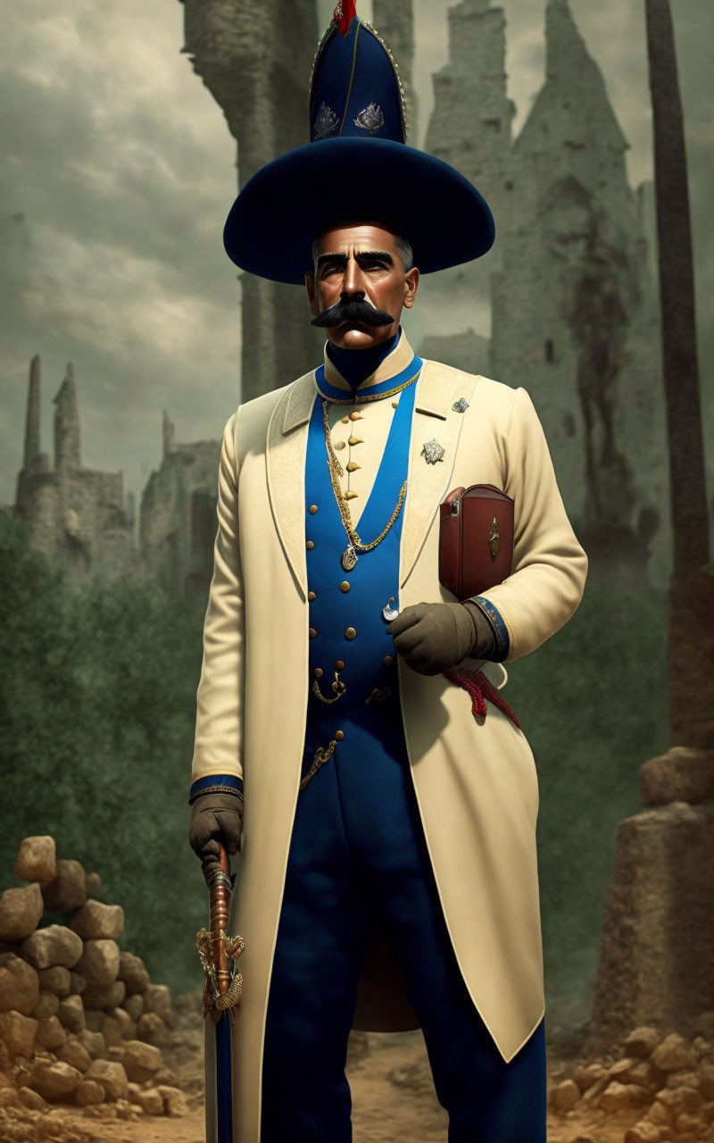 Stylized digital artwork: 20th-century gentleman in military uniform with bicorne hat and cane