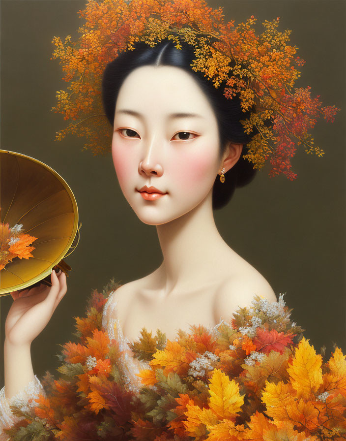 Woman with Autumn Leaves in Hair Holding Leaf Fan and Dress Adorned with Leaves