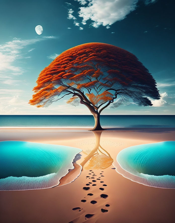 Surreal landscape featuring lone orange tree, twin blue pools, footprints, vast sky, and