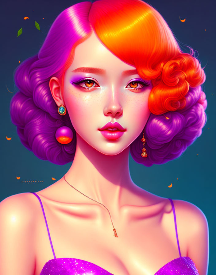 Vibrant digital artwork of woman with pink and orange hair and elegant earrings