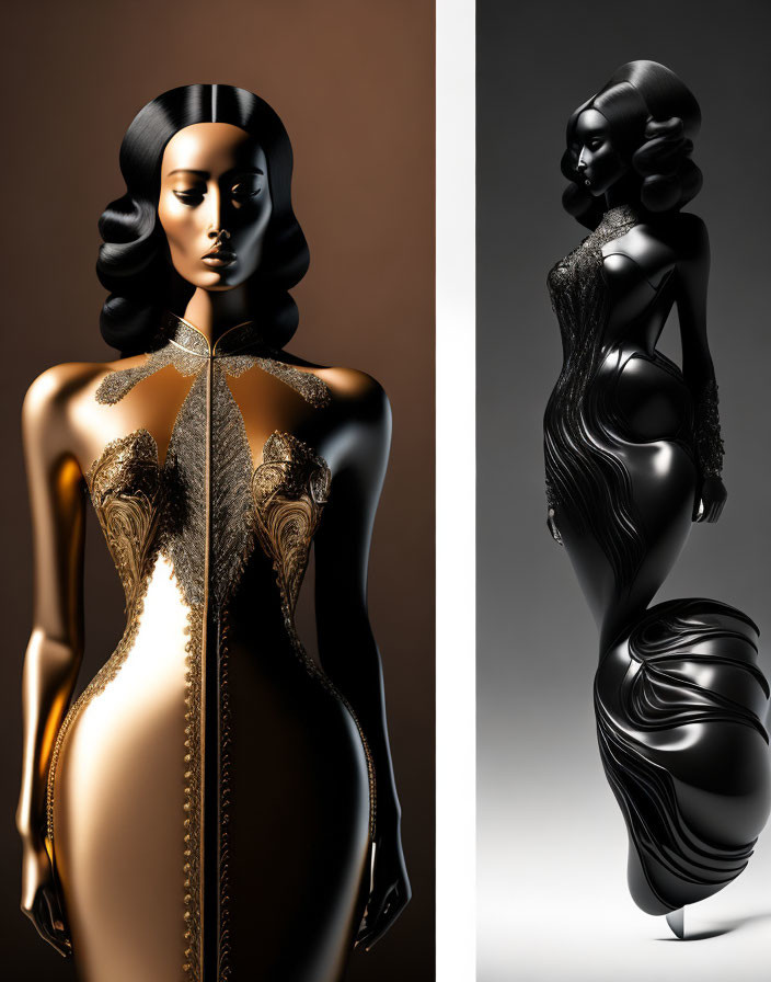 Stylized mannequin figures with elaborate hairstyles and detailed bodices in gold and black tones