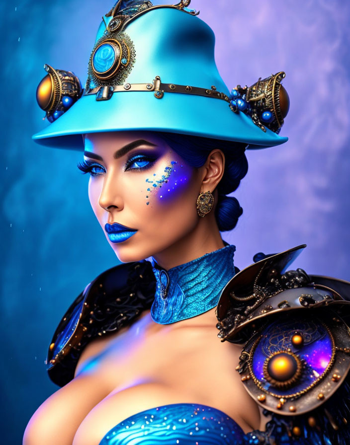 Futuristic woman with blue hat and mechanical shoulder armor on blue backdrop